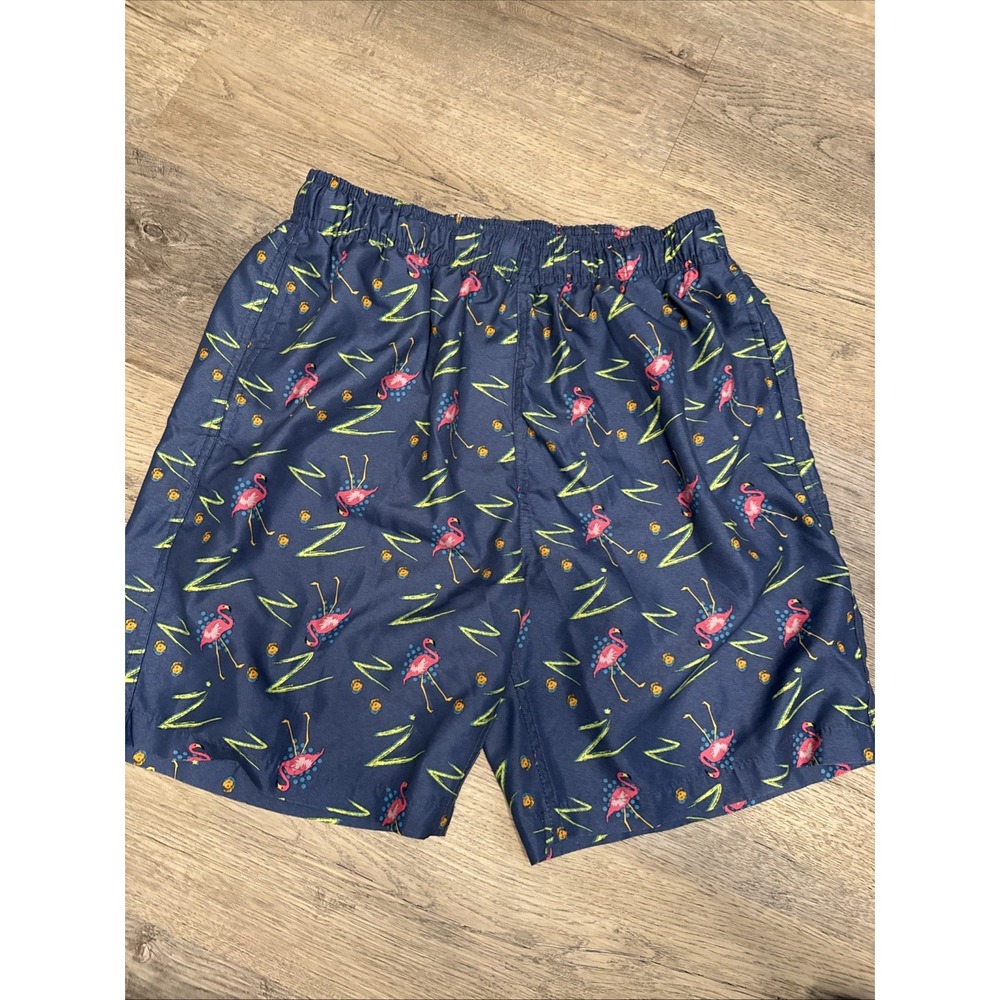Resort Wear Island Men's Flamingo Blue Pink Drawstring Lined Swim Trunks‎ Size L